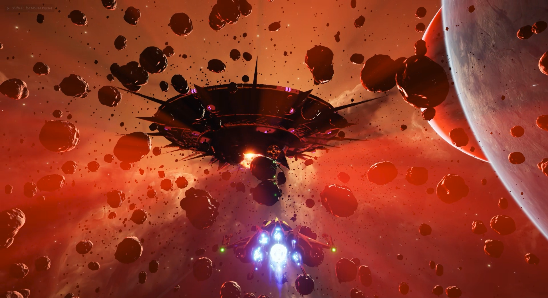 Jet Scalawag in-game screenshot. Space combat over an asteroid field.
